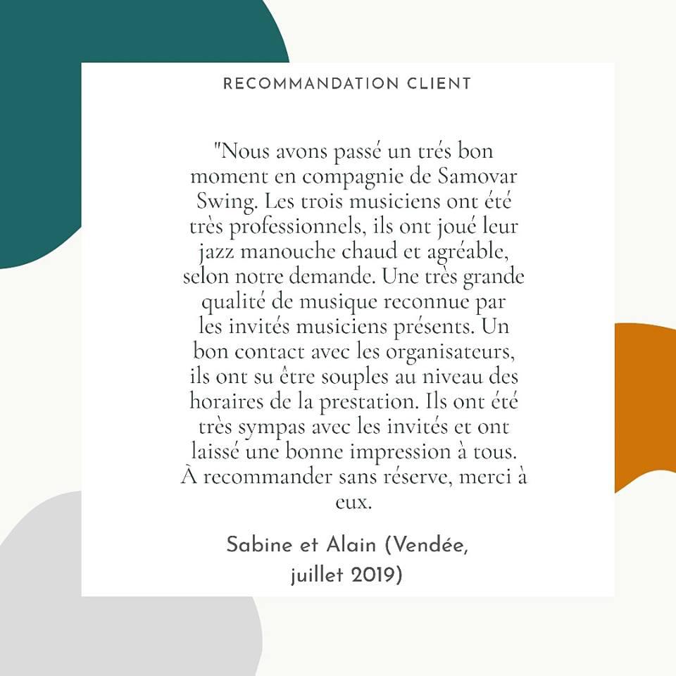 Message des clients du vendredi 05 juillet 2019, après notre prestation en formule Trio à La-Chaize-le-Vicomte (85) !